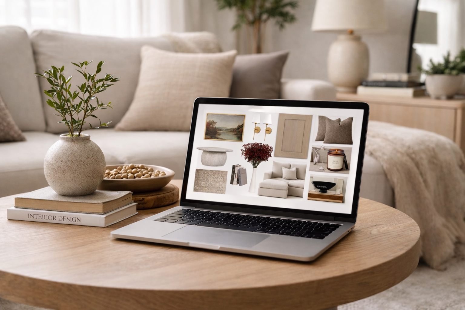 Laptop on coffee table showing interior design moodboard next to styled living room